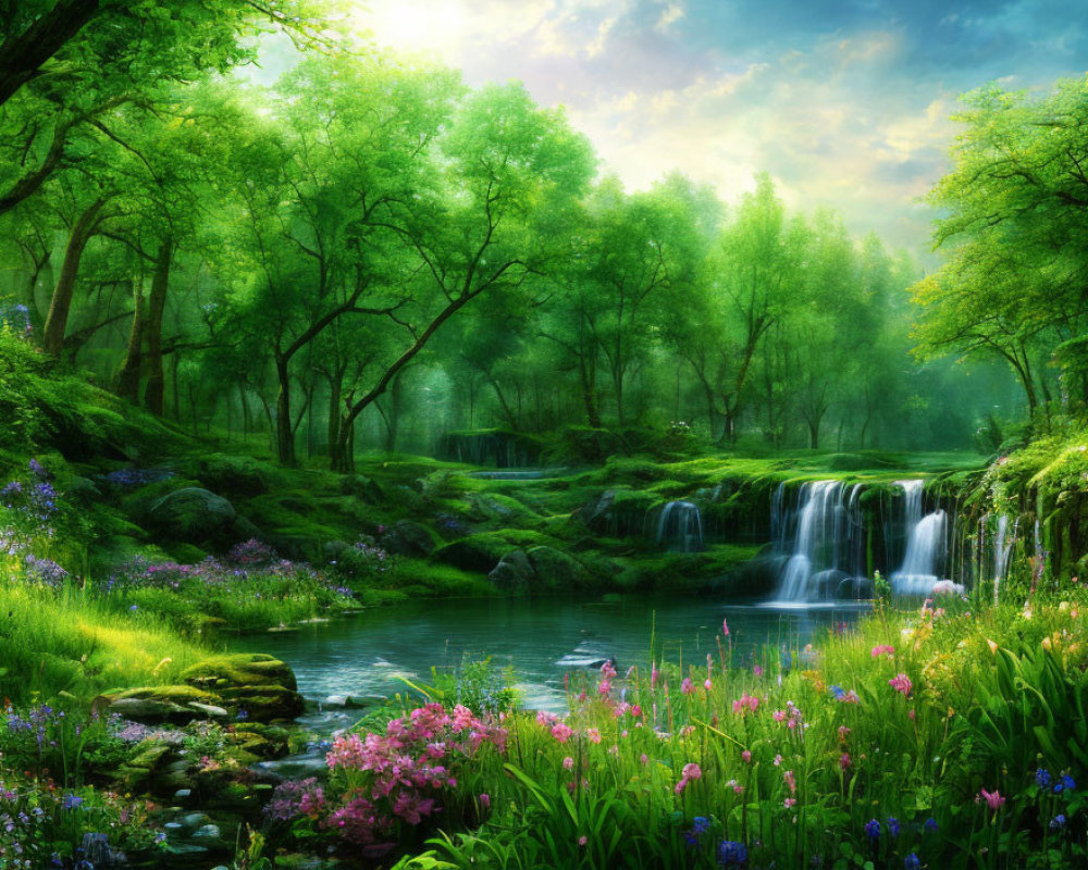 Serene waterfall and pond in sunlit forest clearing