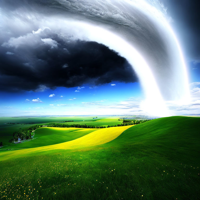 Large tornado in dramatic landscape near vibrant green and yellow field