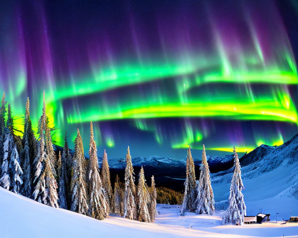 Northern Lights illuminate snowy landscape with cabin