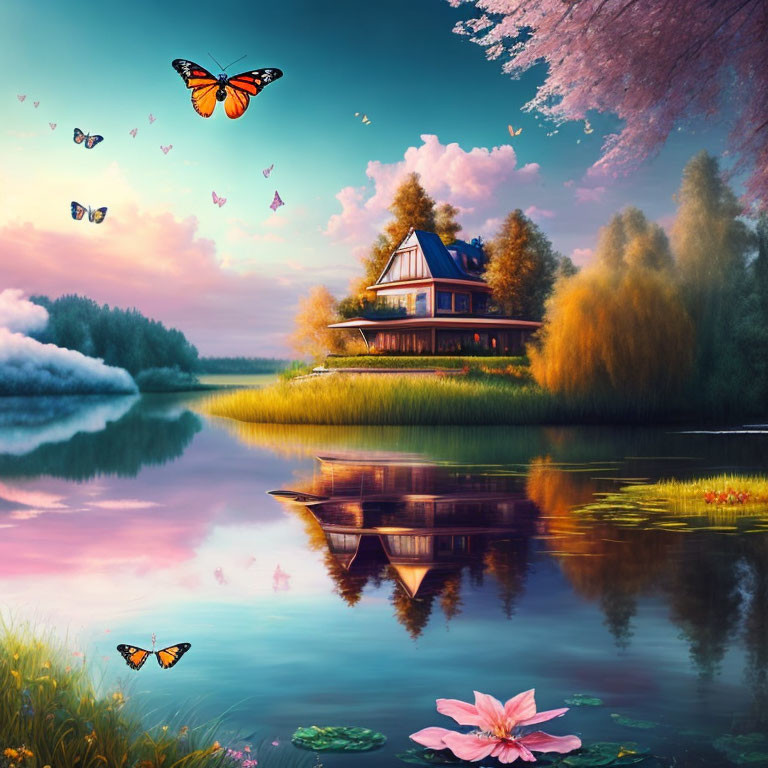 Tranquil lakeside scene with house, greenery, flowers, butterflies at dawn