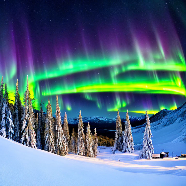 Northern Lights illuminate snowy landscape with cabin