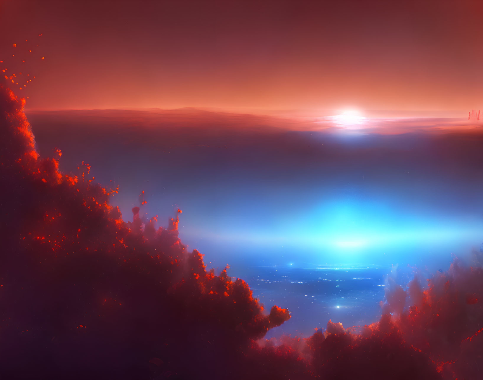 Surreal landscape art with fiery red and cool blue contrast