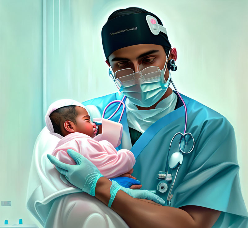 Healthcare Professional in Scrubs Holding Newborn Baby with Stethoscope