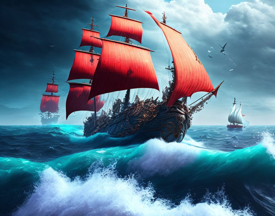 Three ships with red sails in turbulent ocean under stormy sky.