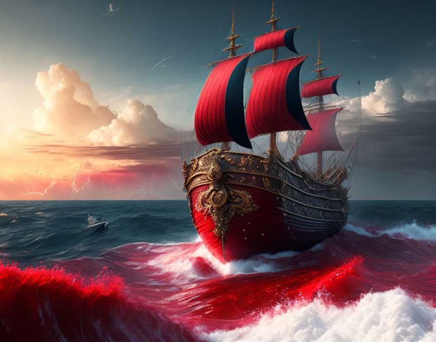 Red-sailed ship in stormy sea with lightning and smaller boat.