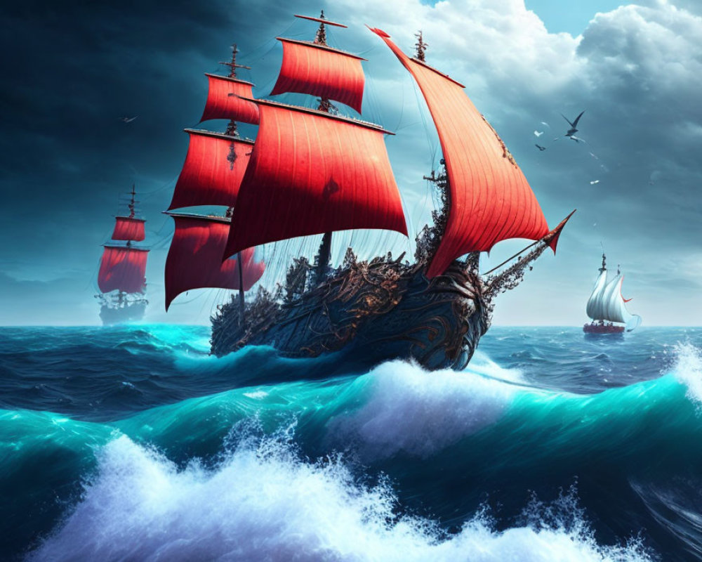 Three ships with red sails in turbulent ocean under stormy sky.