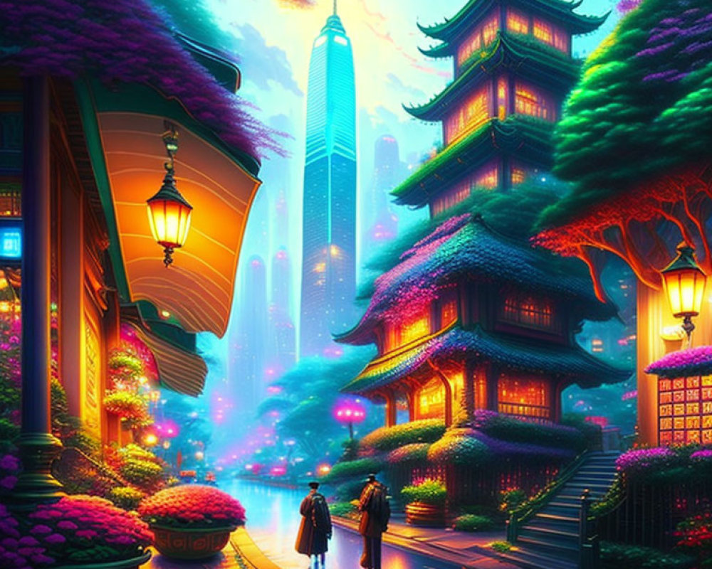 Traditional and futuristic cityscape with two people walking between pagodas and skyscrapers at twilight