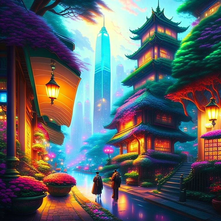 Traditional and futuristic cityscape with two people walking between pagodas and skyscrapers at twilight