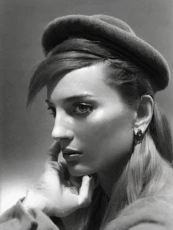 Monochrome portrait of woman in beret gazing sideways