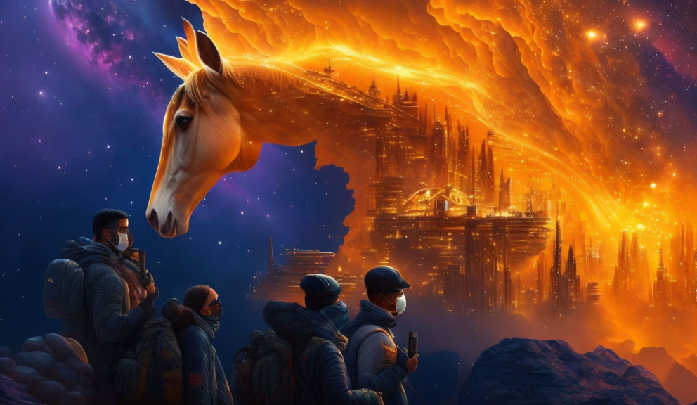 Group in Winter Attire Views Horse Head, Fiery Nebula, and Cityscape