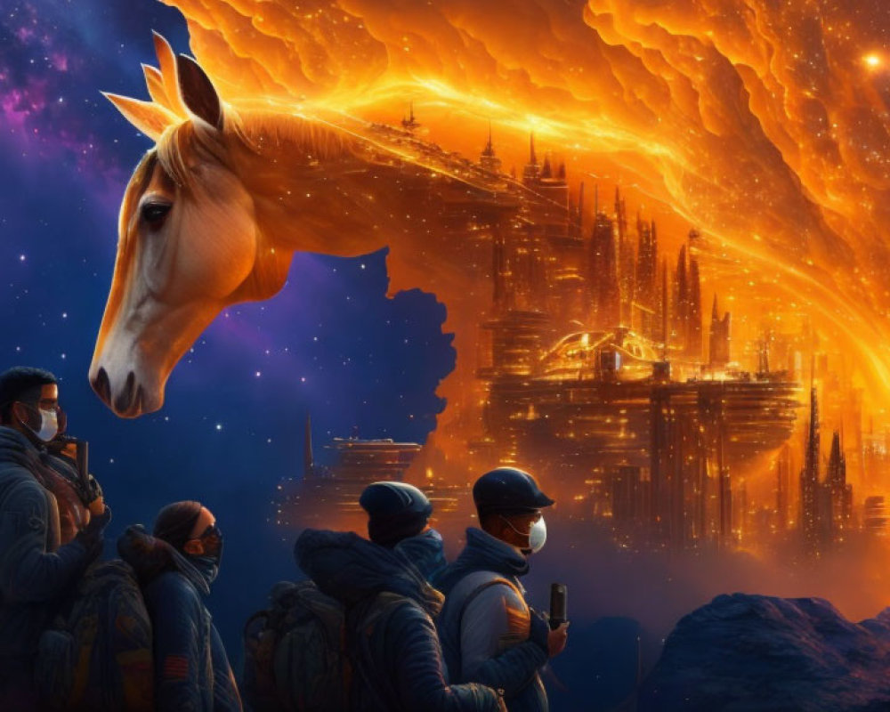 Group in Winter Attire Views Horse Head, Fiery Nebula, and Cityscape