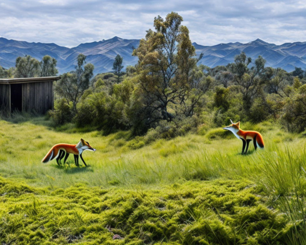 Vibrant green meadow with two foxes and rolling hills scenery