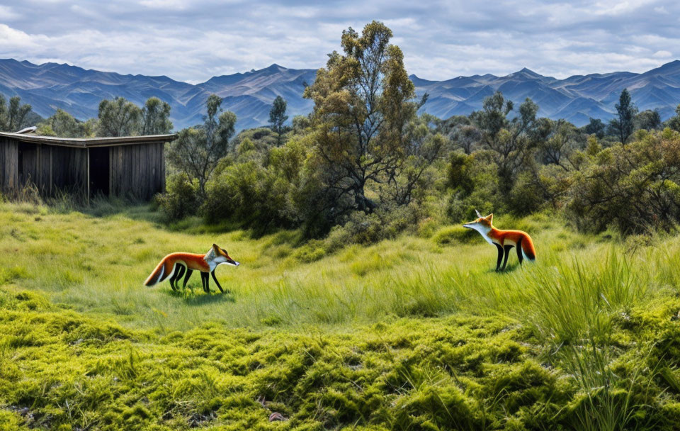 Vibrant green meadow with two foxes and rolling hills scenery