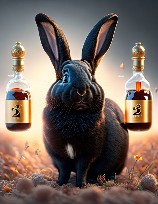 Black Rabbit Between Numbered Bottles in Sunlit Setting