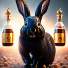 Black Rabbit Between Numbered Bottles in Sunlit Setting