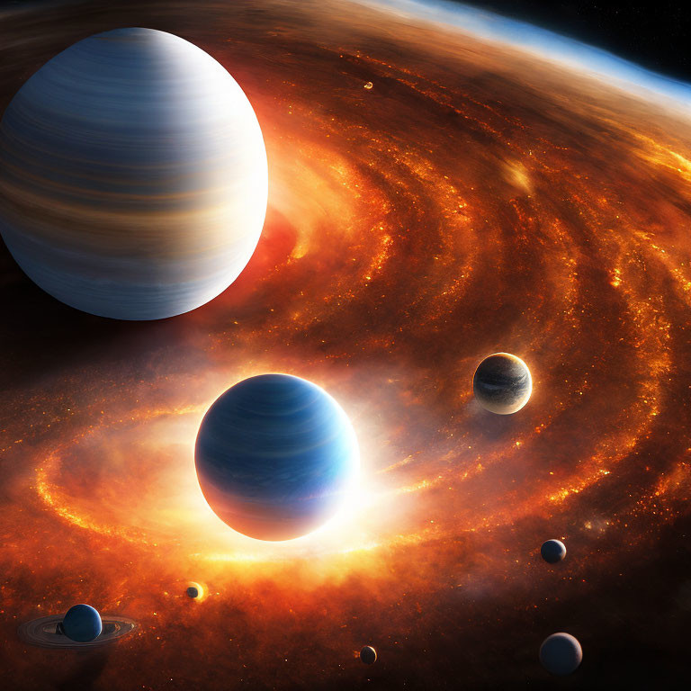 Vibrant Space Scene with Planets Orbiting Bright Star