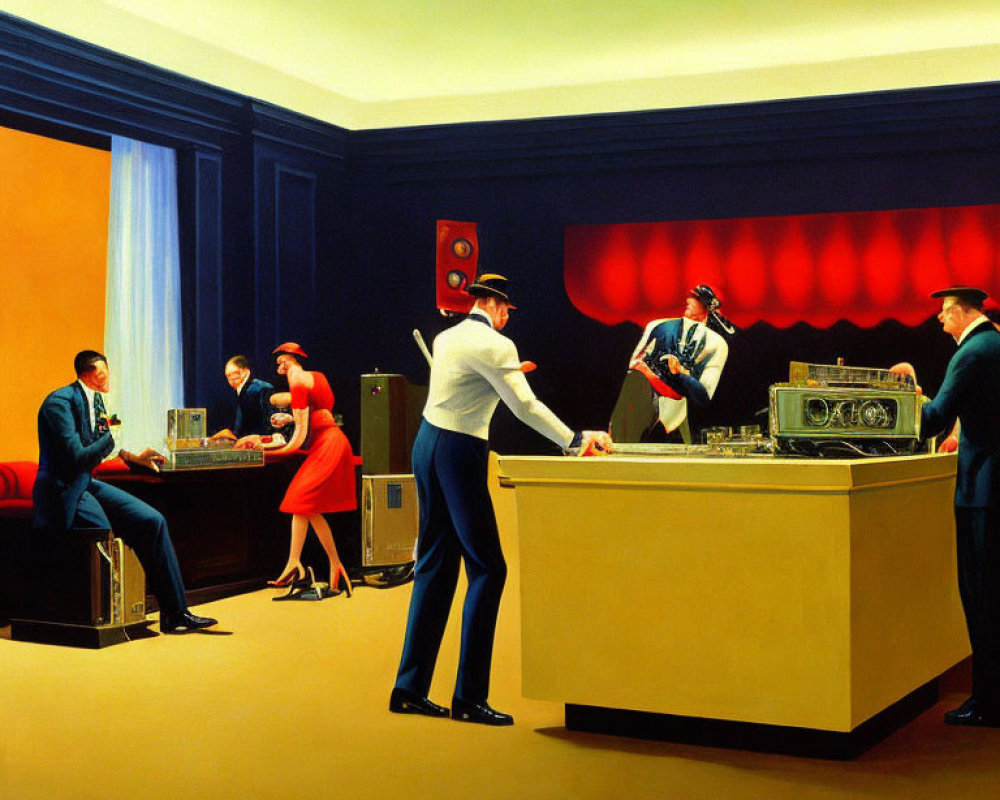 Vintage scene with mid-20th-century attire and analog technology in bold blue and red colors