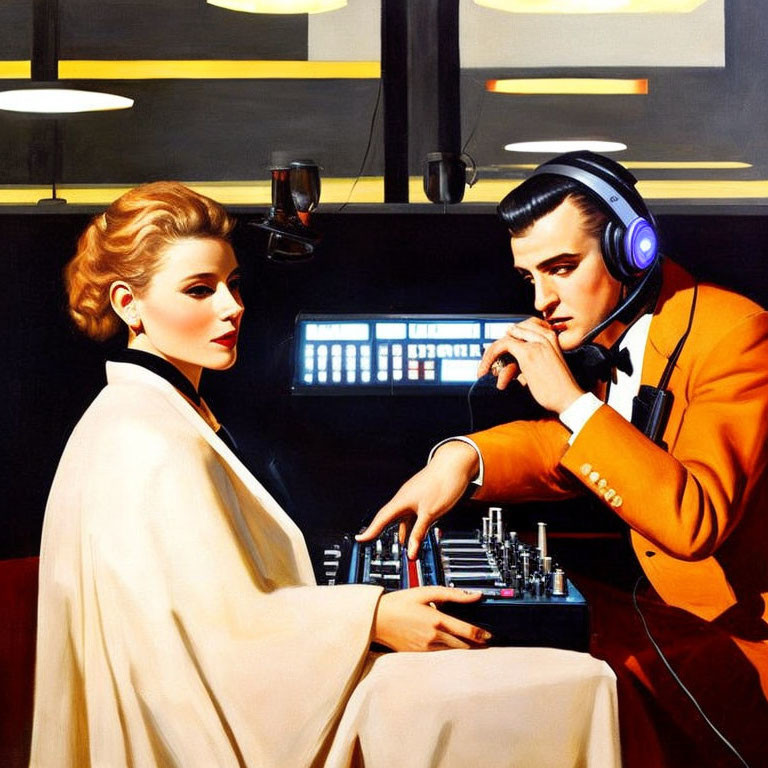 Stylized painting of man and woman with headphones at music mixing console