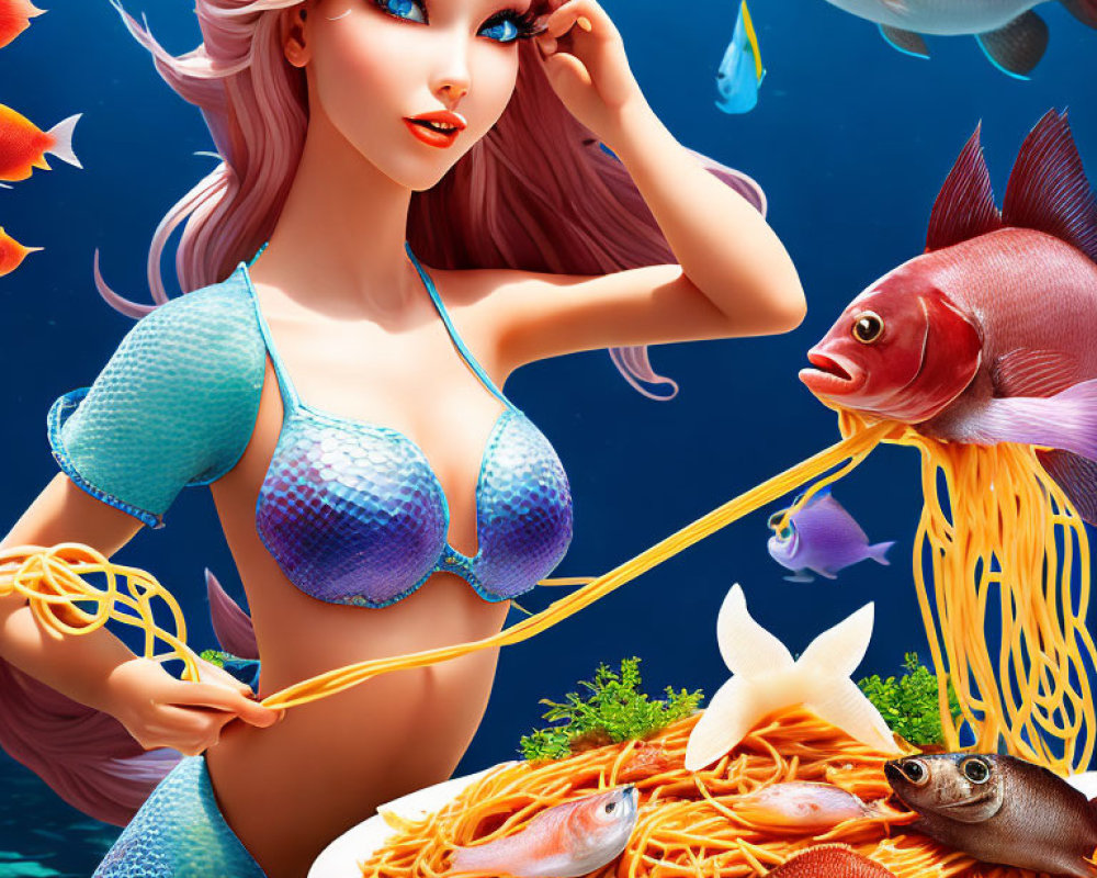 Mermaid-themed illustration: Pink-haired mermaid preparing seafood spaghetti underwater