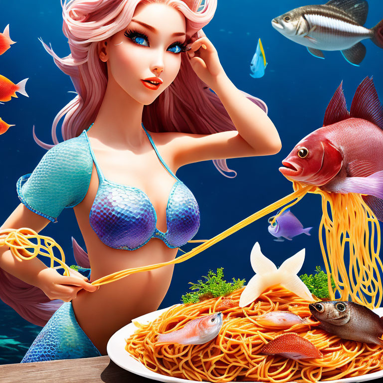 Mermaid-themed illustration: Pink-haired mermaid preparing seafood spaghetti underwater