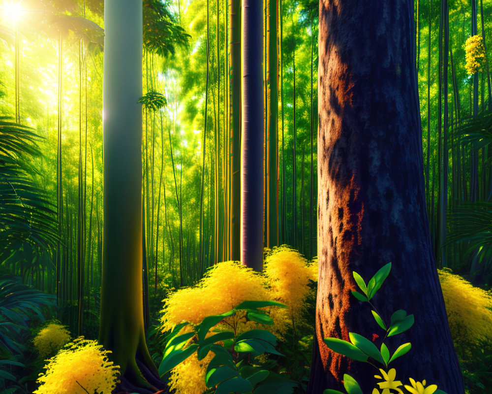 Vibrant green bamboo forest with yellow flowers and rich foliage