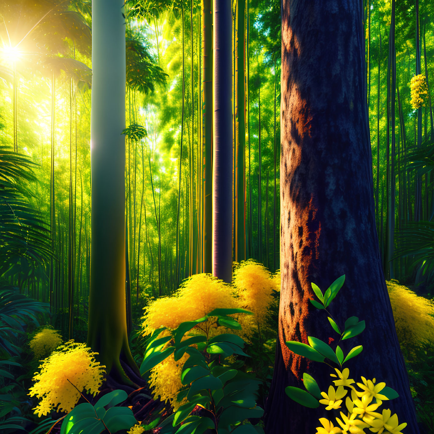 Vibrant green bamboo forest with yellow flowers and rich foliage