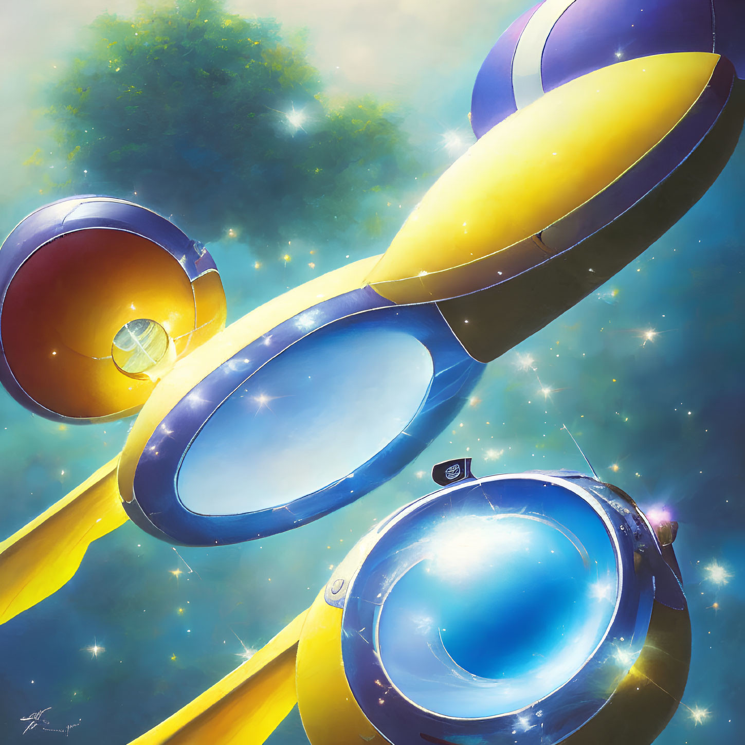 Interconnected futuristic space stations in vibrant blues and yellows