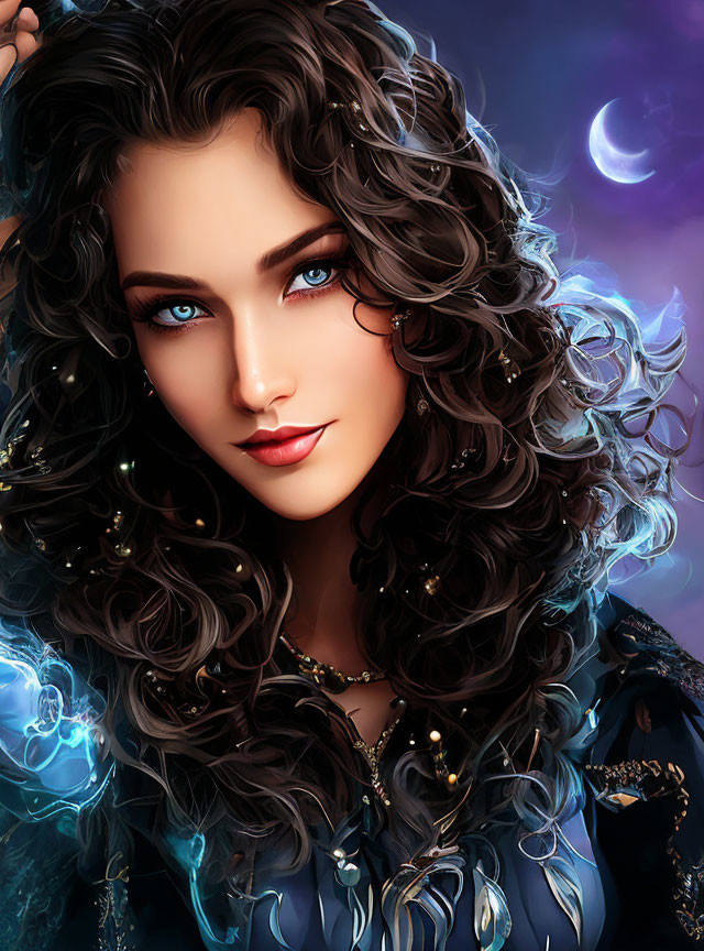 Digital portrait of woman with blue eyes and wavy dark hair in jeweled dark outfit, surrounded by