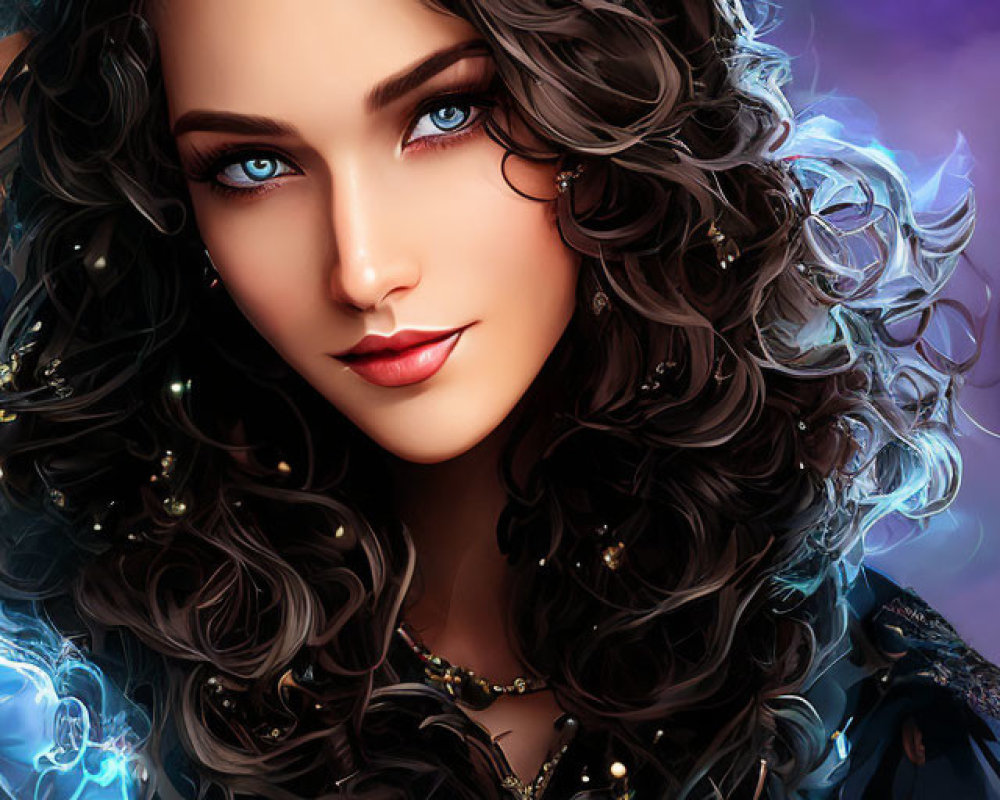 Digital portrait of woman with blue eyes and wavy dark hair in jeweled dark outfit, surrounded by