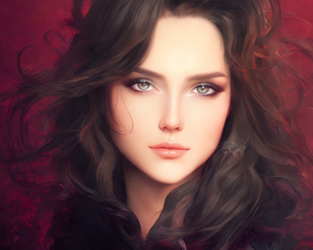 Digital painting of a woman with wavy brown hair and blue eyes on red background