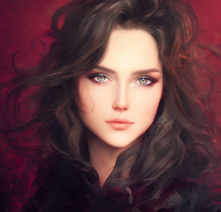 Digital painting of a woman with wavy brown hair and blue eyes on red background