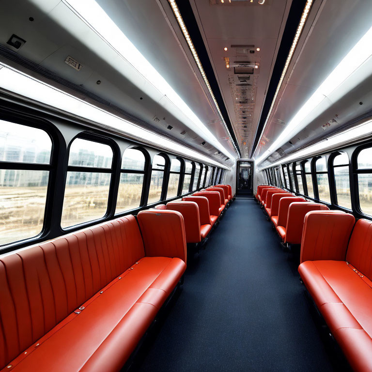 Empty Train Carriage with Red Seats and Large Windows