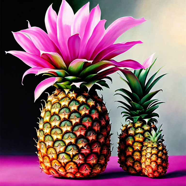 Vivid pink flowers on pineapples against purple gradient background