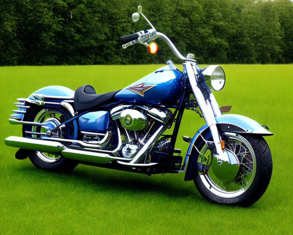 Shiny Blue Motorcycle with Chrome Details Parked on Green Lawn