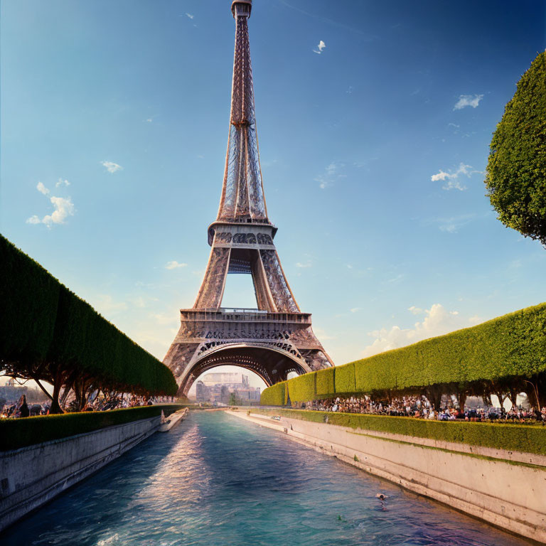 Eiffel Tower with Canal and People in Scenic View