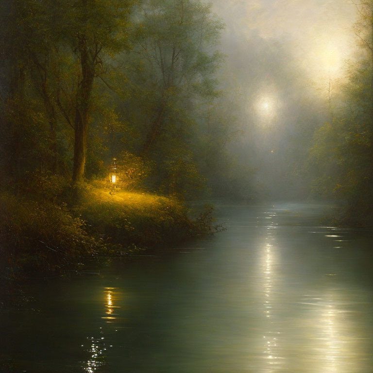 Tranquil river scene with misty sunset glow and lush trees