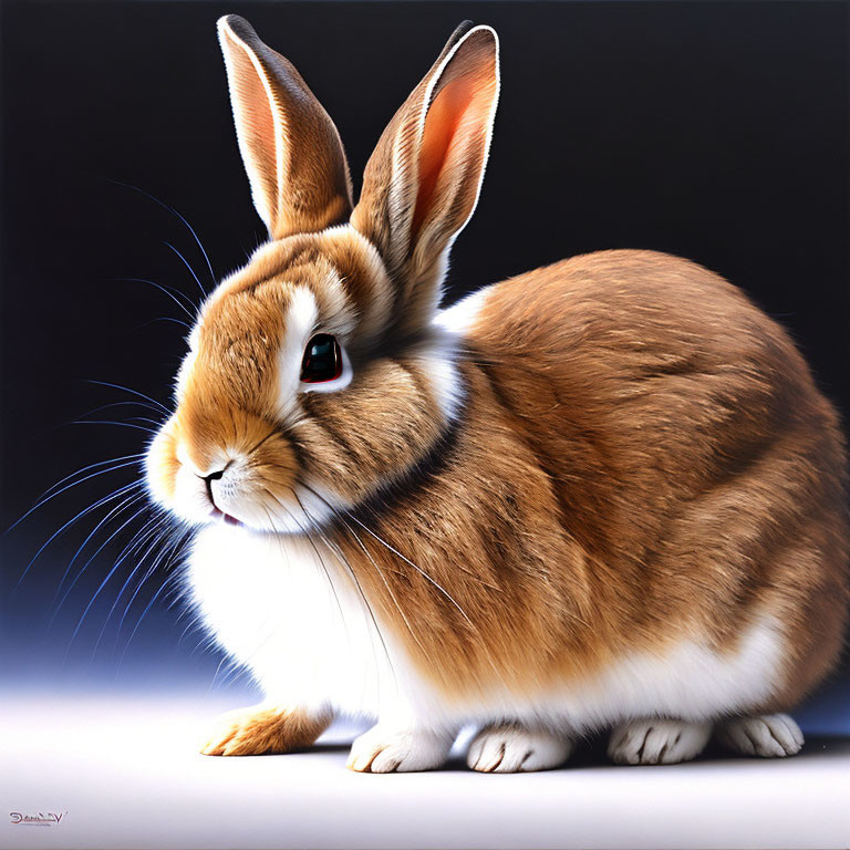 Detailed Brown and White Rabbit Illustration on Dark Background