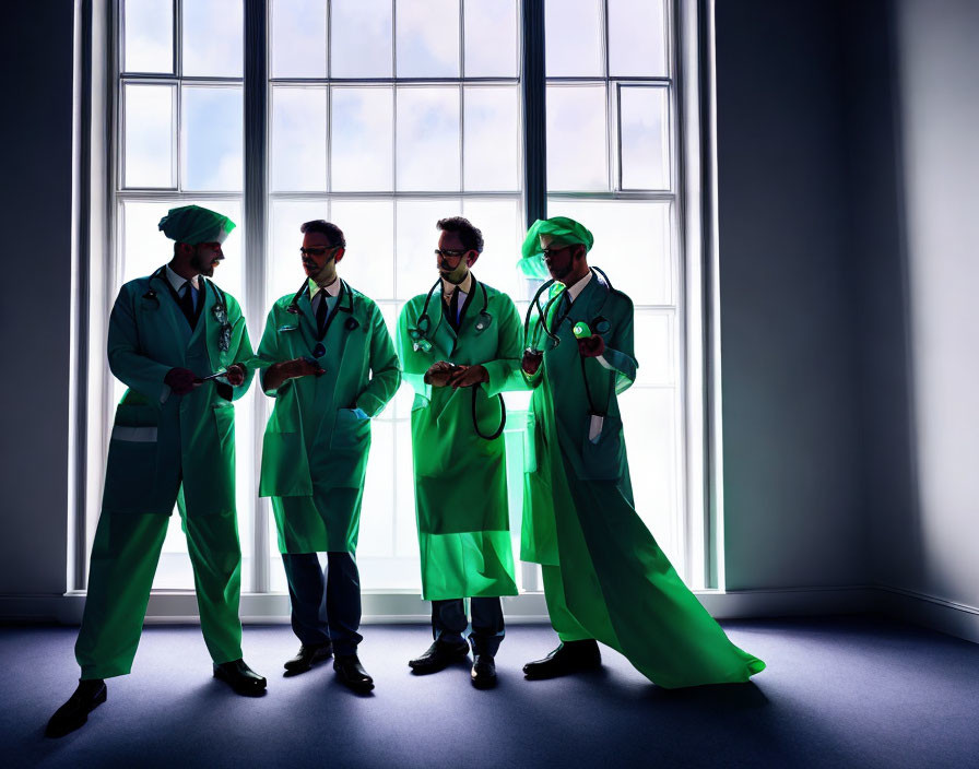 Four people in green scrubs and facemasks silhouette by large window