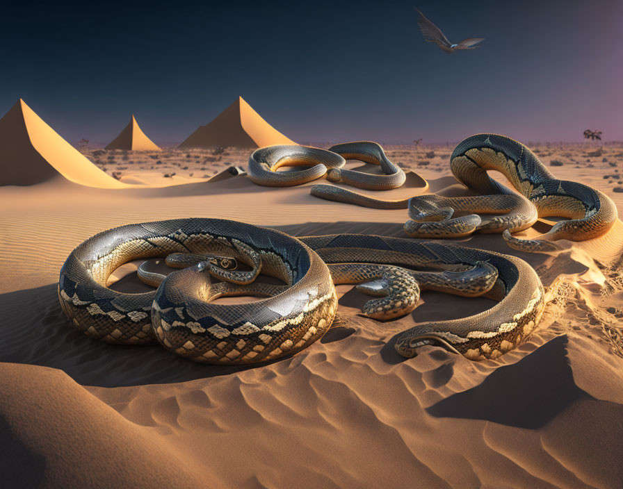 Large snakes basking in desert with pyramids and bird in dusky sky