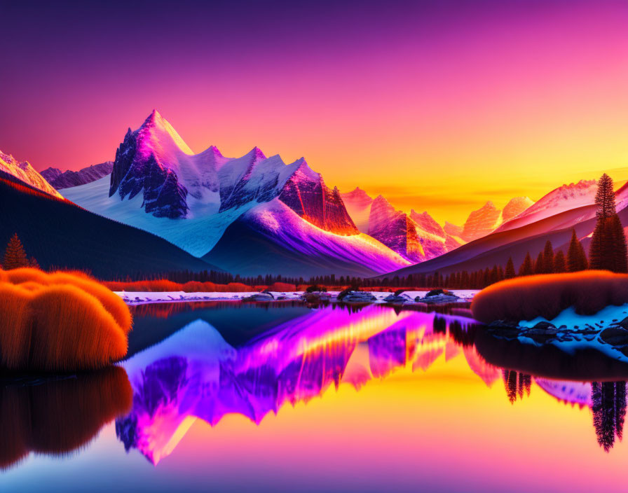 Scenic sunset: purple and orange hues over mountain range and lake.