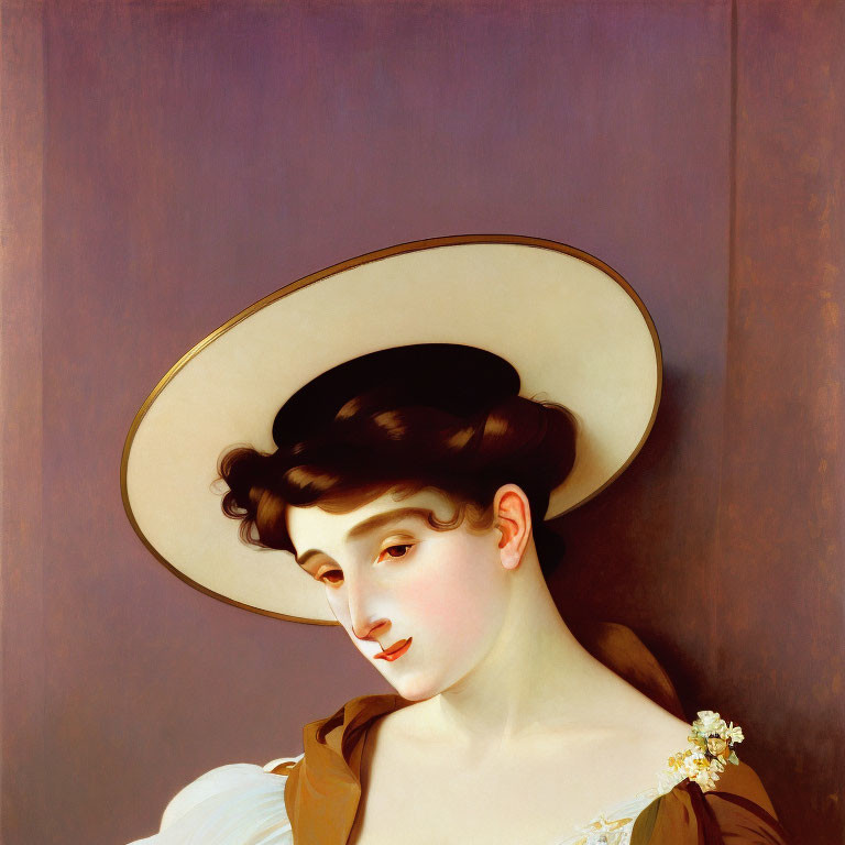 Classical portrait of woman in wide-brimmed hat and floral dress