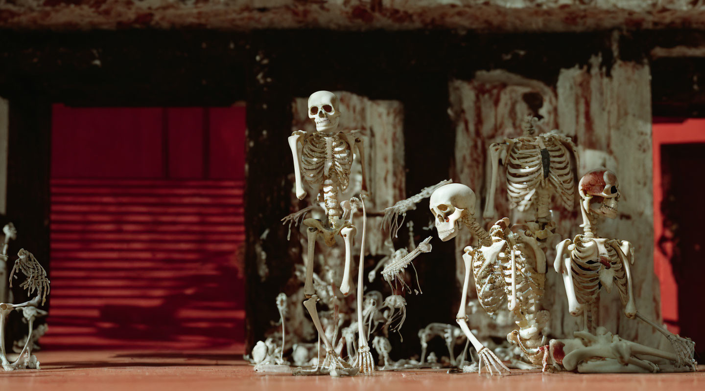 Macabre skeletal figures display on stage with red backdrop