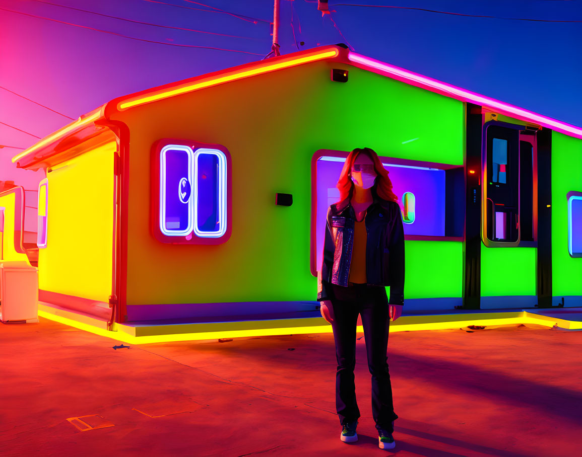 Person standing in front of vibrant house with neon lights under purple sky