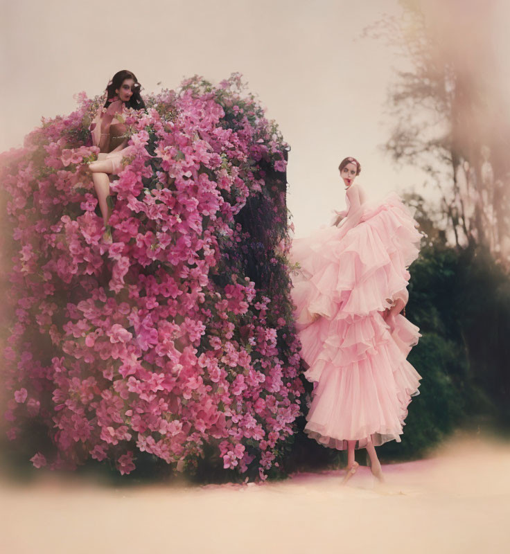 Two women in dreamy setting, one on pink flower bush, other in ballet pose.