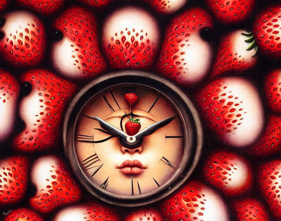 Clock with female facial features and ripe strawberries, strawberry pendulum