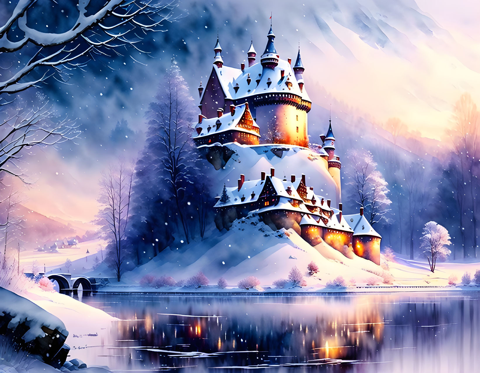 Snowy Castle Reflecting in Lake Under Purple Sky