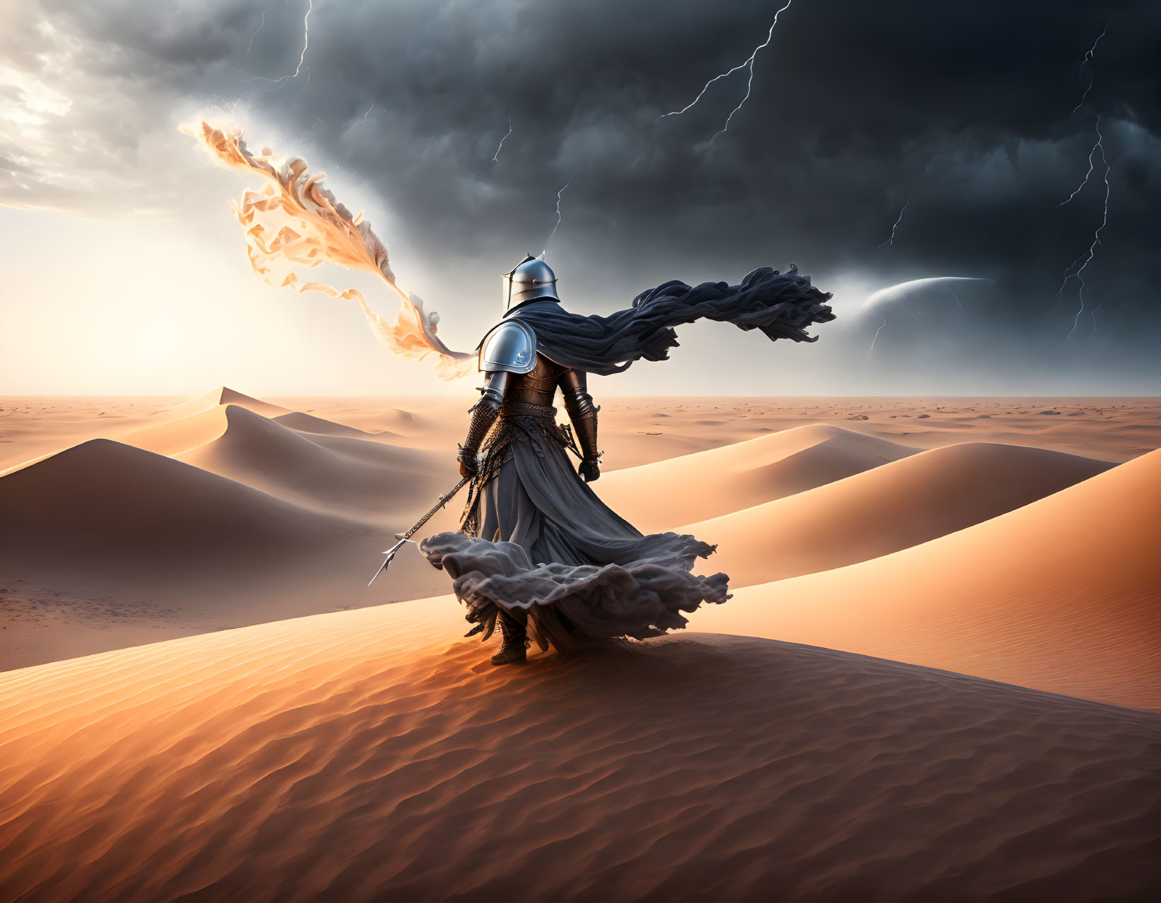 Armored knight with fiery sword faces storm in desert landscape