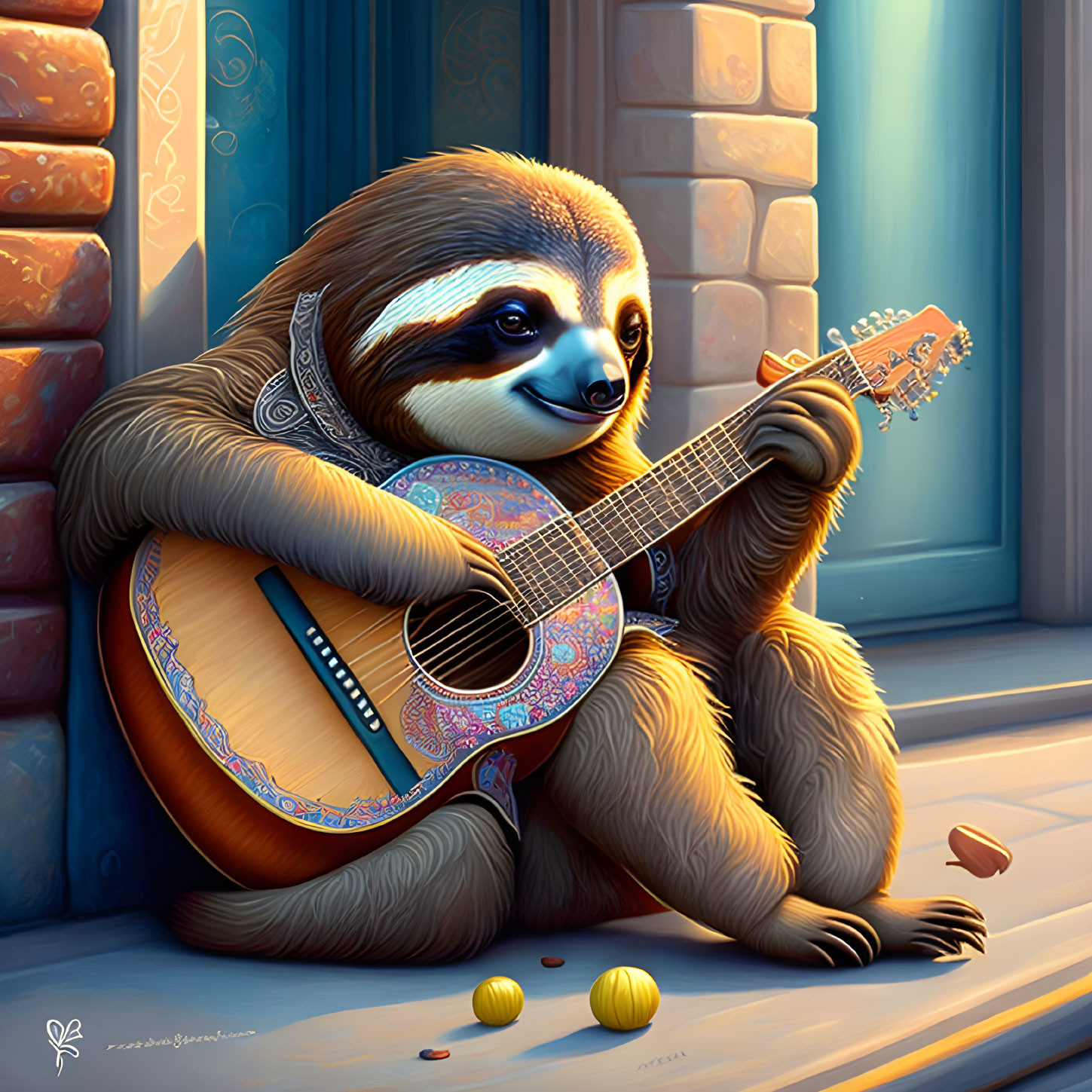 Illustrated sloth playing guitar with bandana on sunny doorstep.