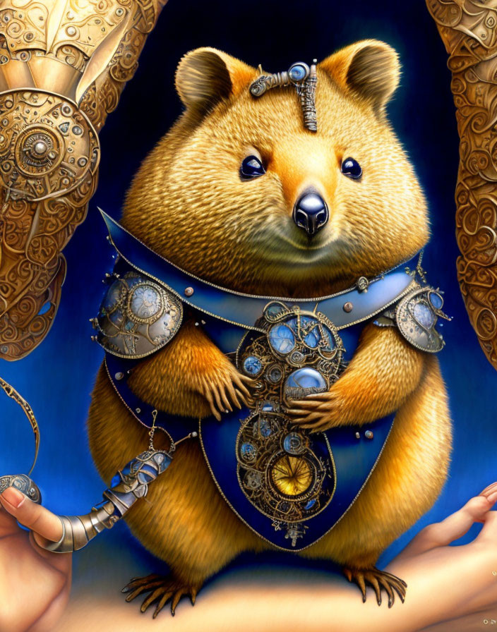 Stylized anthropomorphic quokka in steampunk armor with mechanical elements on blue backdrop