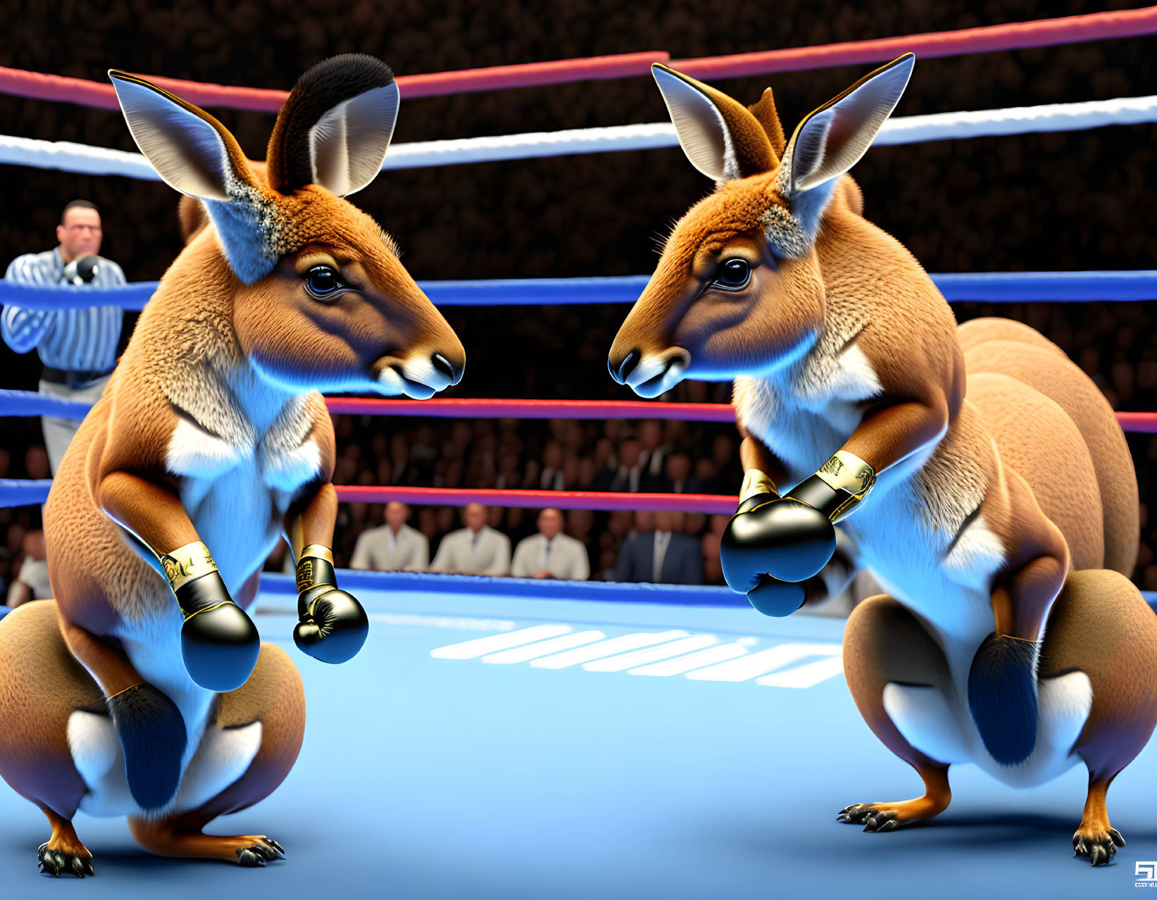 Animated kangaroos boxing in a ring with audience and referee